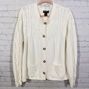 Vintage Eddie Bauer Cable Knit Cardigan Women XL Tall Ivory Cottage Sweater